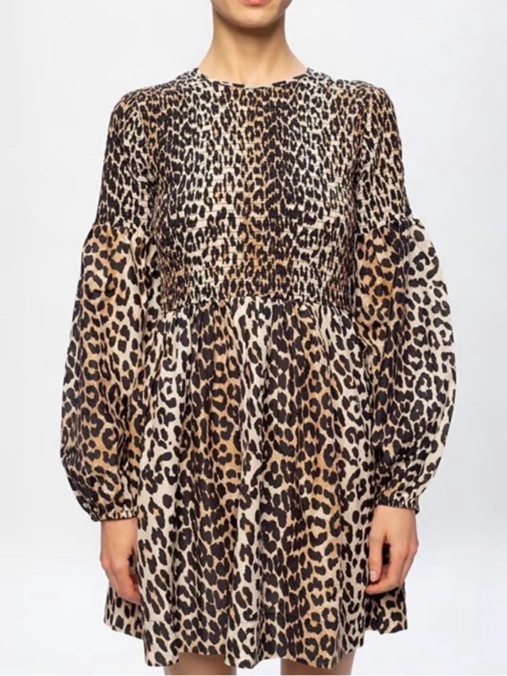 Ganni Leopard Print Long Sleeve Smocked Mini Dress Size 40- Brown/Black